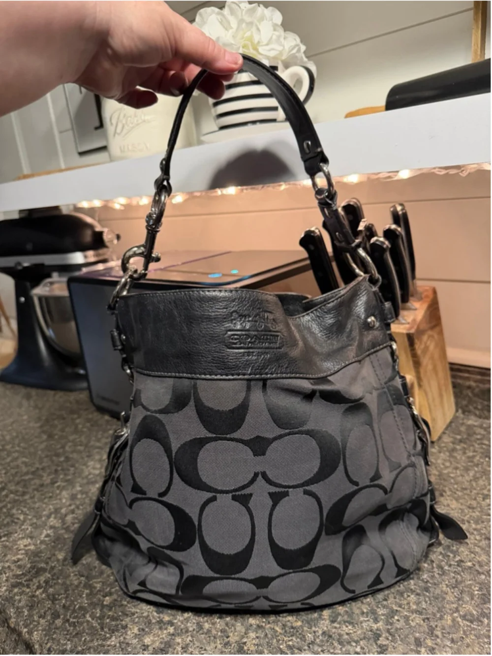 Coach Zoe Signature Jacquard Hobo Bag Black Leather Trim